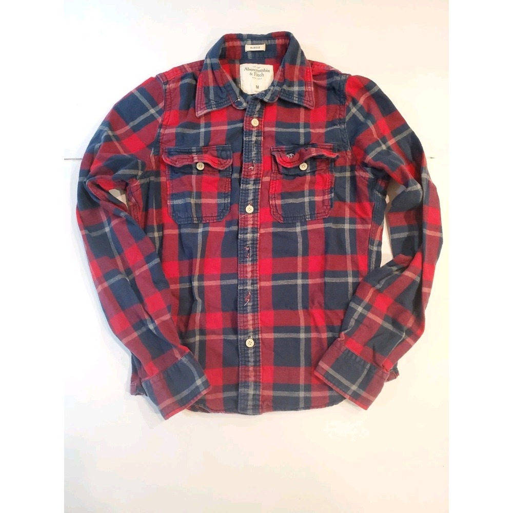 Abercrombie & Fitch Mens Muscle Y2K Flannel Shirt Red Blue Plaid Cotton Medium